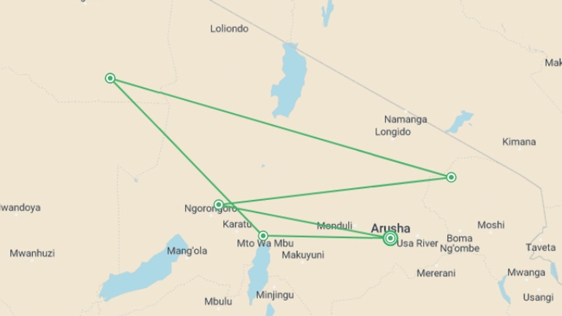 A map showing the tour itinerary for the trip: 5 days 4 nights safari, starting in Arusha, Tanzania and ending in Arusha, Tanzania going through 5 other destinations.