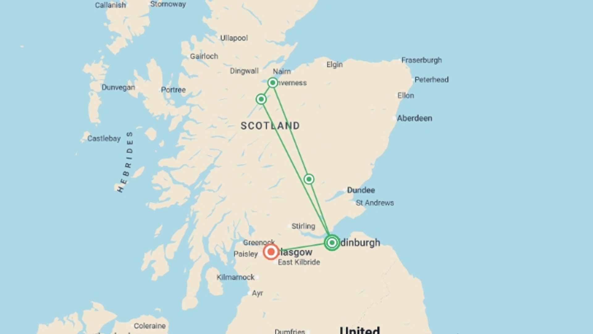 A map showing the tour itinerary for the trip: Premium Scotland, starting in Edinburgh, Scotland and ending in Glasgow, Scotland going through 3 other destinations.