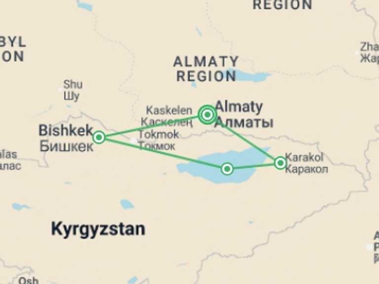 Map of Asia Tour with 4 destination visits for the trip: Premium Kazakhstan and Kyrgyzstan