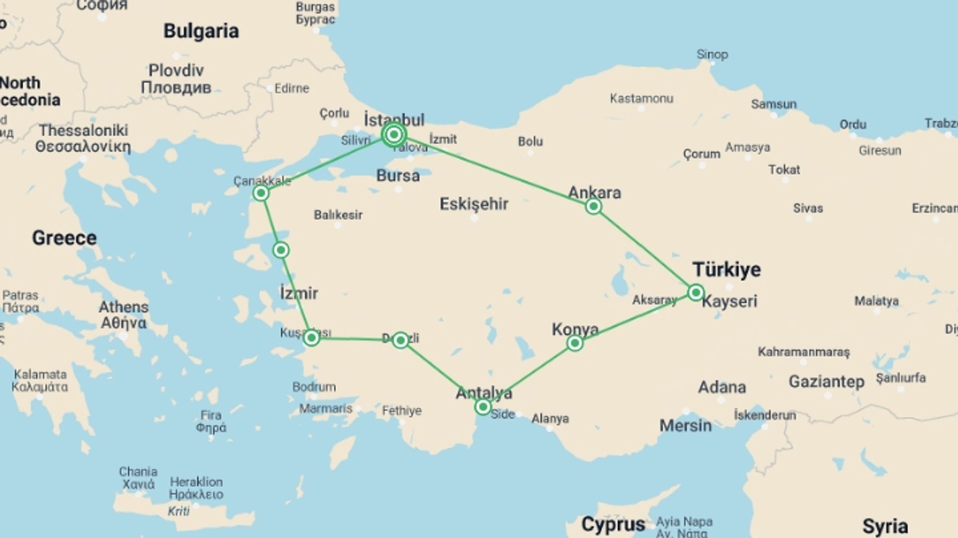 A map showing the tour itinerary for the trip: Absolute Turkey: Winter, starting in Istanbul, Turkey and ending in Istanbul, Turkey going through 8 other destinations.