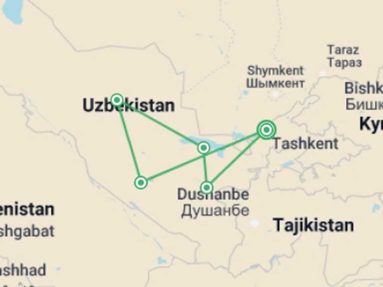 Map itinerary of Uzbekistan Tour in September 2025 with 5 destination visits for the trip: Uzbekistan Adventure