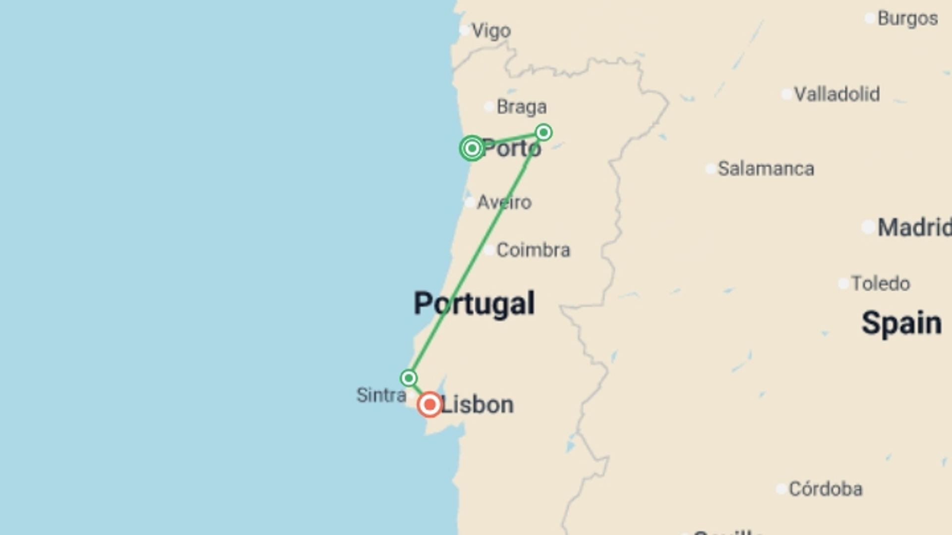 A map showing the tour itinerary for the trip: Portugal Uncovered - Small Group, starting in Porto, Portugal and ending in Lisbon, Portugal going through 3 other destinations.