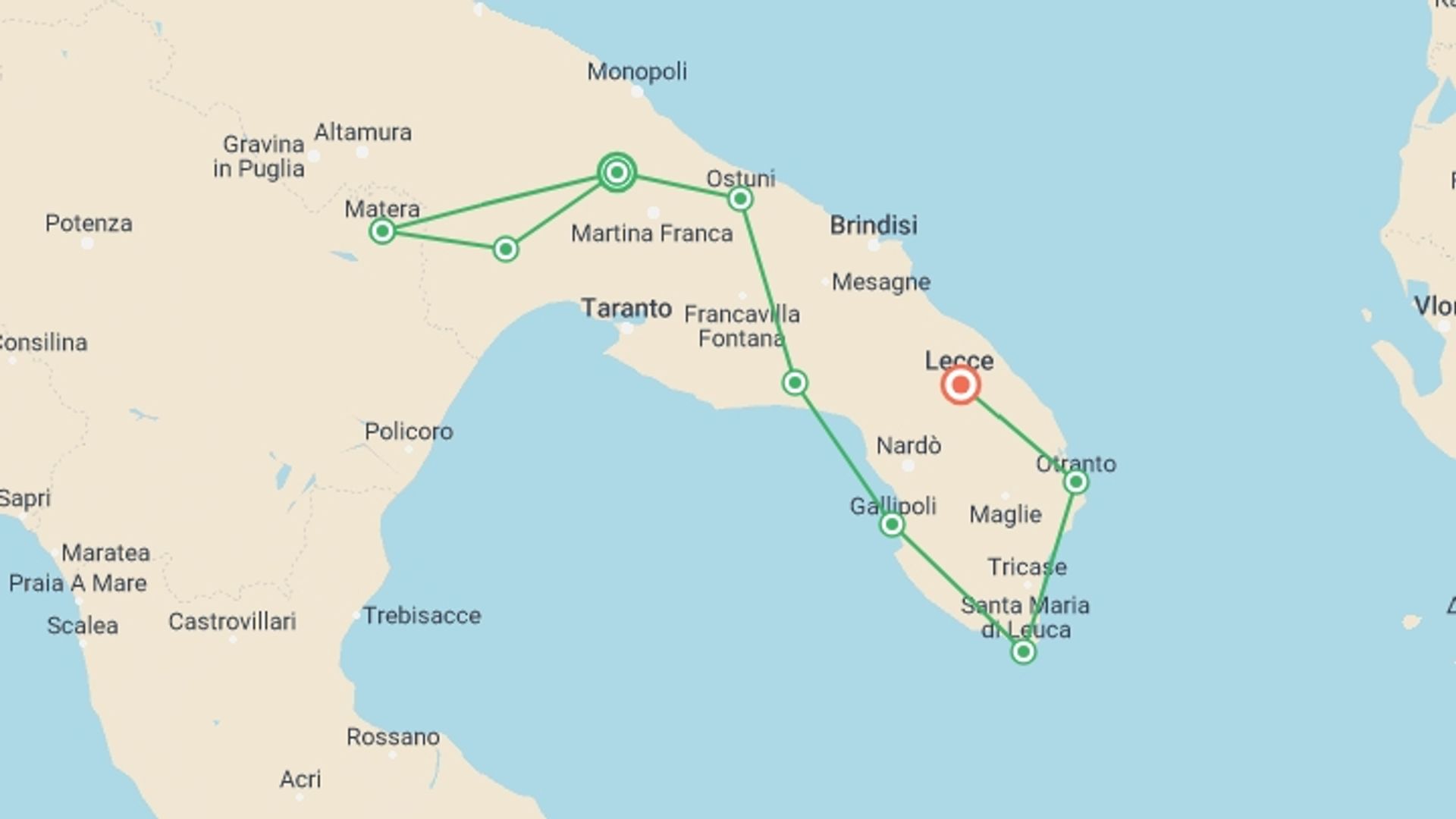 A map showing the tour itinerary for the trip: Cycling the Heel of Italy - Matera to Lecce, starting in Alberobello, Italy and ending in Lecce, Italy going through 7 other destinations.