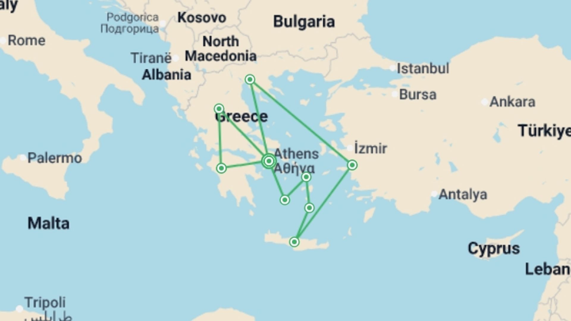 A map showing the tour itinerary for the trip: Grecian Fables, starting in Athens, Greece and ending in Athens, Greece going through 8 other destinations.