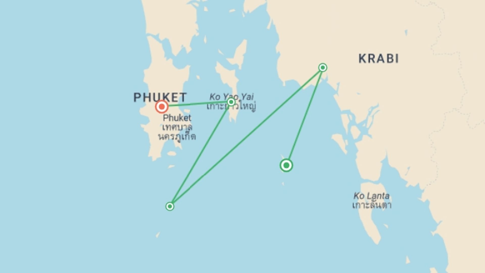 A map showing the tour itinerary for the trip: Sailing Thailand - Ko Phi Phi to Phuket, starting in Koh Phi Phi, Thailand and ending in Phuket, Thailand going through 3 other destinations.