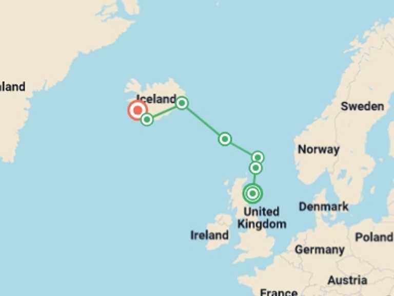 Map of UK and Britain Tour with 7 destination visits for the trip: Scotland, Faroes and Iceland - M/V Greg Mortimer