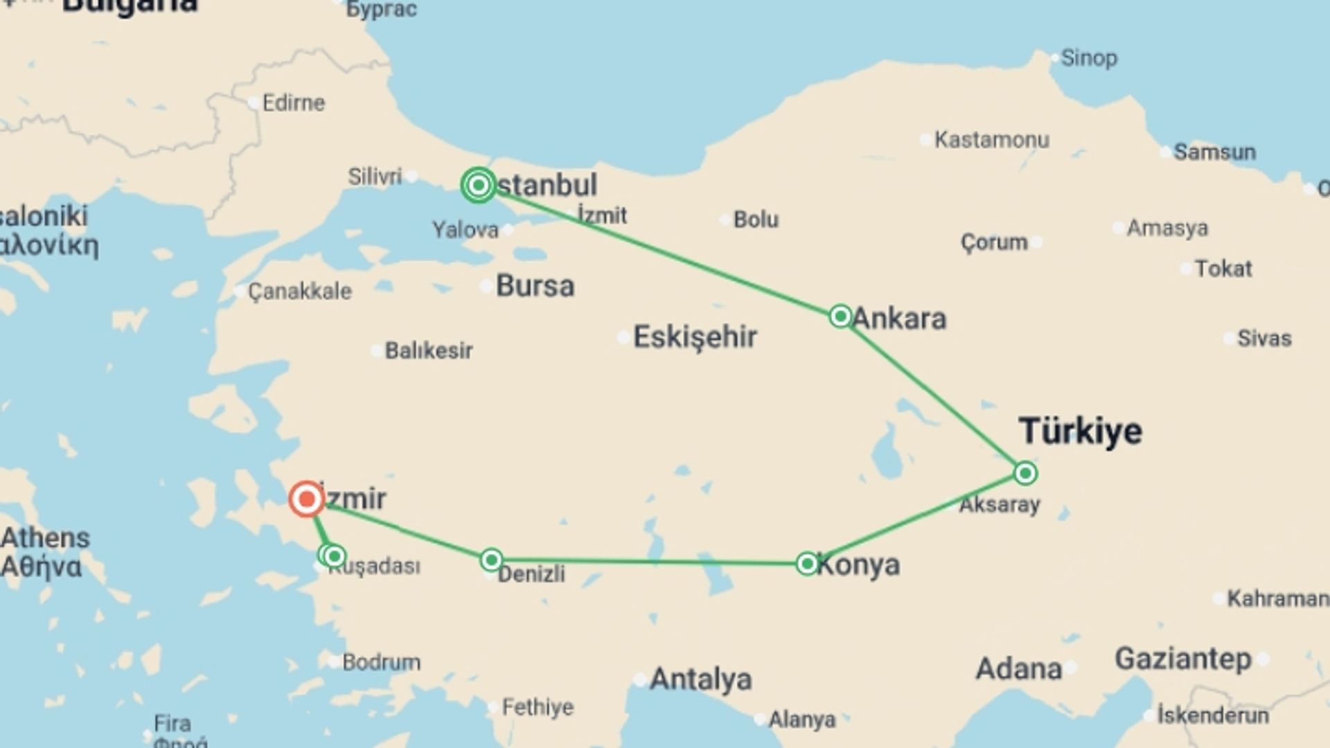 A map showing the tour itinerary for the trip: Istanbul to Ephesus - 8 days , starting in Istanbul, Turkey and ending in Izmir, Turkey going through 2 other destinations.
