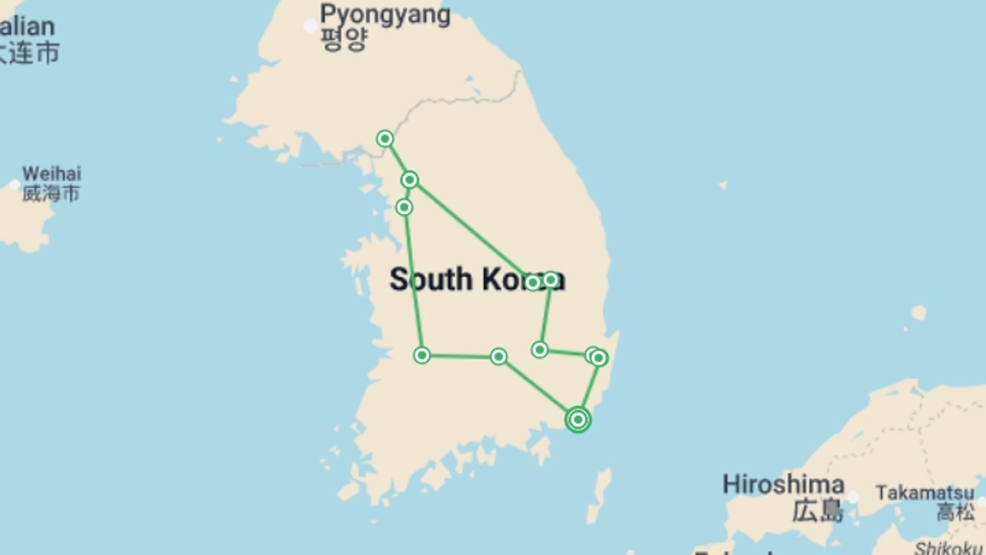 A map showing the tour itinerary for the trip: Magical Corners of Korea, starting in Busan, South Korea and ending in Busan, South Korea going through 3 other destinations.