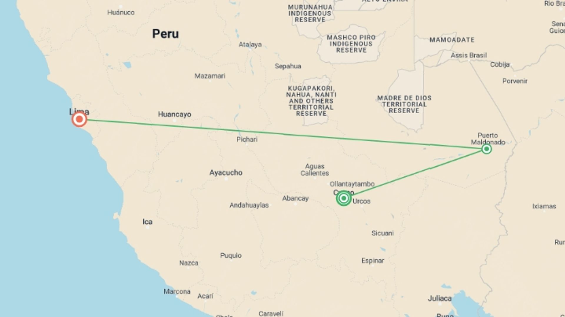 A map showing the tour itinerary for the trip: Peru & the Amazon: Cusco to Lima, starting in Cusco, Peru and ending in Lima, Peru going through 1 other destinations.