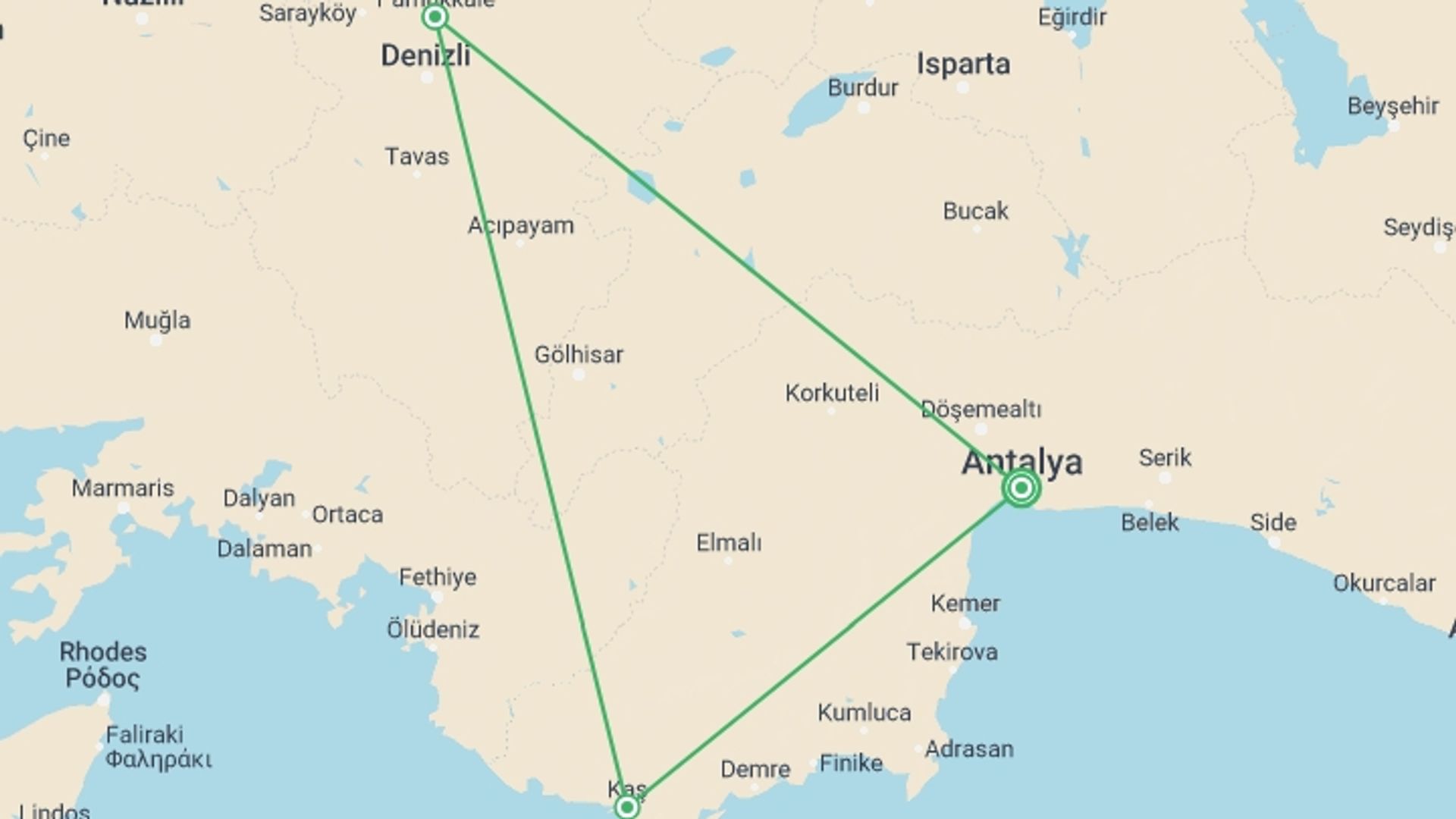 A map showing the tour itinerary for the trip: Antalya, Pamukkale And Kas, Self-drive, starting in Antalya, Turkey and ending in Antalya, Turkey going through 2 other destinations.
