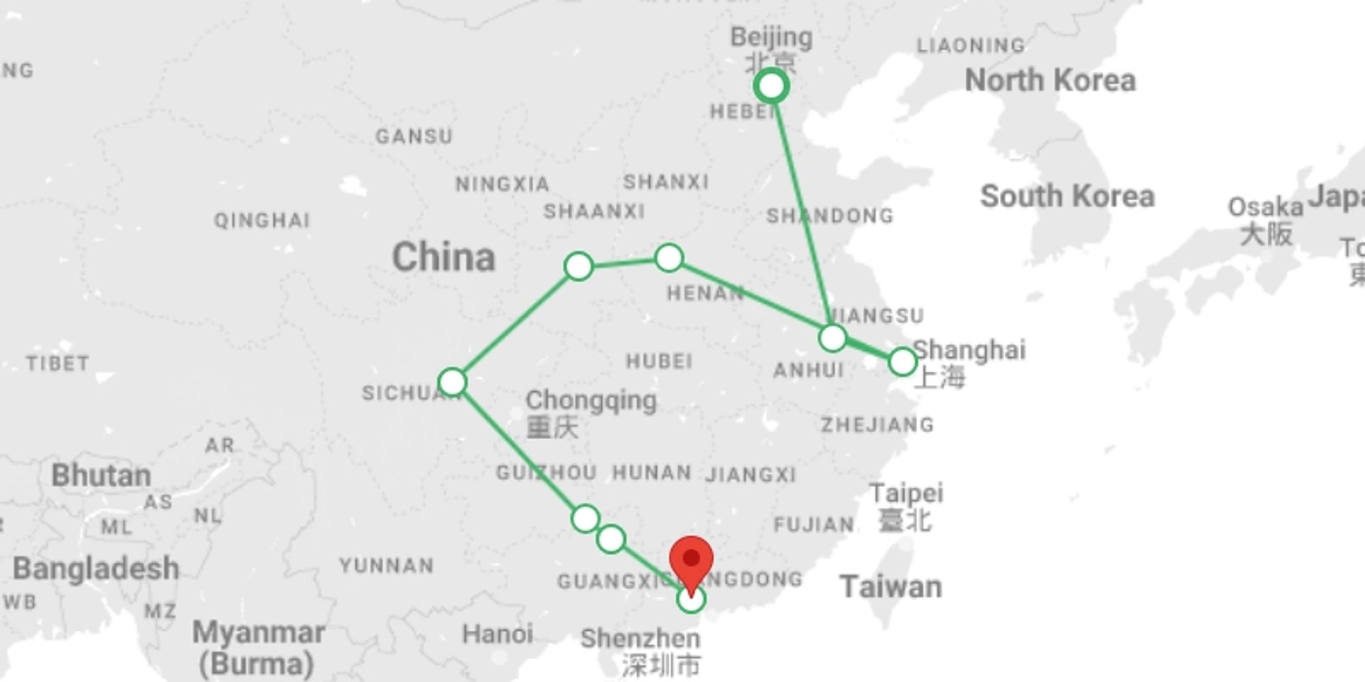 A map showing the tour itinerary for the trip: Golden Triangle and South of China end Guangzhou, starting in Beijing, China and ending in Guangzhou, China going through 7 other destinations.