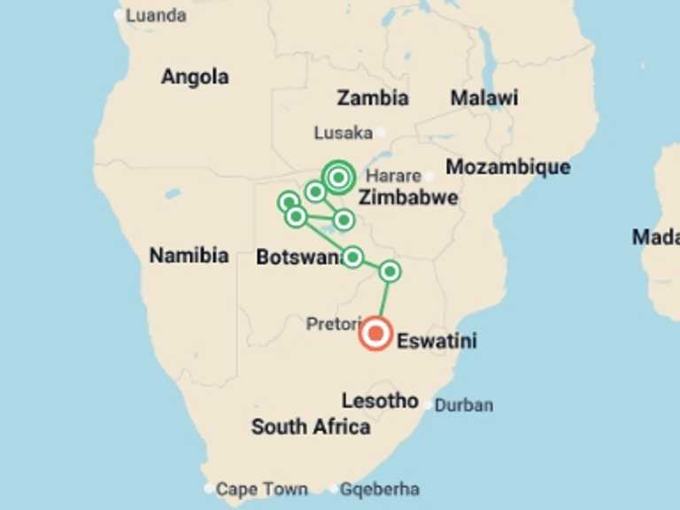 Map of Africa Tour with 8 destination visits for the trip: Botswana Family Safari with Teenagers