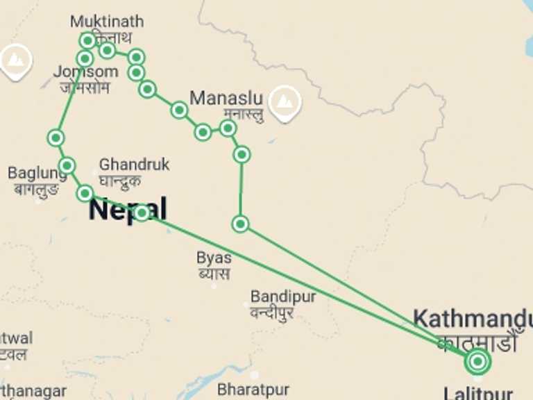 Map of Pokhara Trekking and Hiking Tour with 15 destination visits for the trip: 15 Days Annapurna Circuit Trekking