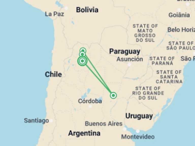 Map of a Road Tour with 6 destination visits for the trip: Heart of the North: Salta and Jujuy