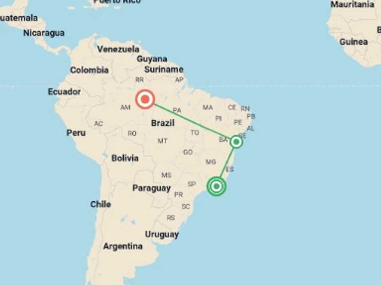Map itinerary of Manaus Tour in October 2025 with 4 destination visits for the trip: 13 days in Rio de Janeiro, Salvador and Manaus
