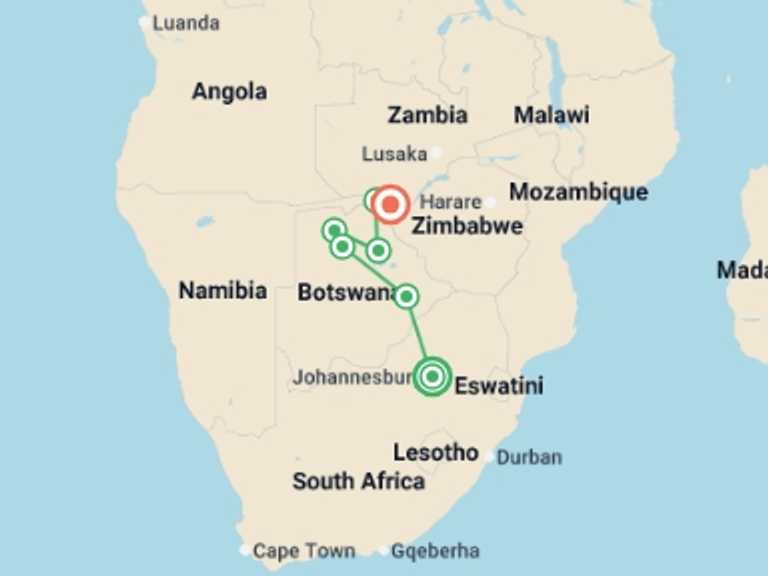 Map itinerary of Africa Tour in September 2026 with 7 destination visits for the trip: Johannesburg to Victoria Falls Overland Safari & Participation Camping