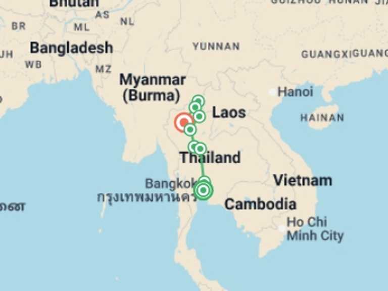 Map itinerary of Asia Tour in May 2027 with 6 destination visits for the trip: Experience Thailand 9 Days - Bangkok To The North, Private Tour