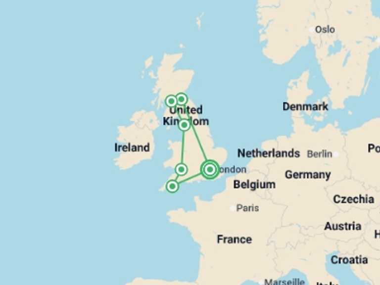 Map itinerary of England Tour in May 2026 with 6 destination visits for the trip: Best of Britain