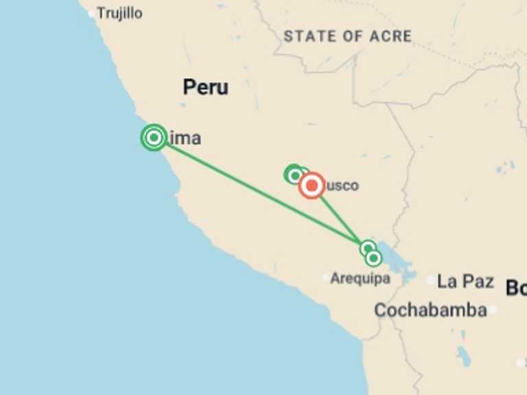 Map itinerary of South America Tour in October 2026 with 9 destination visits for the trip: Walk Peru's Inca Trail and Palccoyo Rainbow Mountain