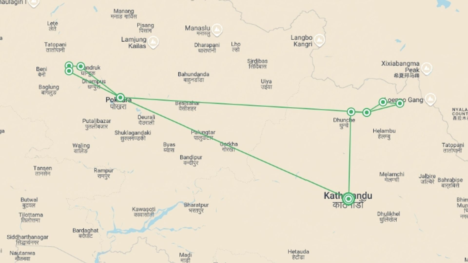 A map showing the tour itinerary for the trip: Joint Treks of Langtang and Poon Hill - 12 Days, starting in Kathmandu, Nepal and ending in Kathmandu, Nepal going through 10 other destinations.