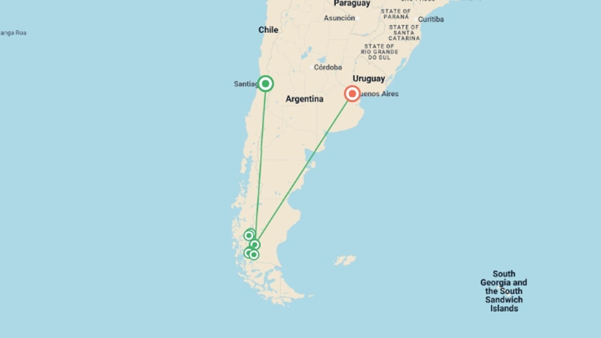 A map showing the tour itinerary for the trip: Classic Patagonia Treks, starting in Santiago, Chile and ending in Buenos Aires, Argentina going through 10 other destinations.