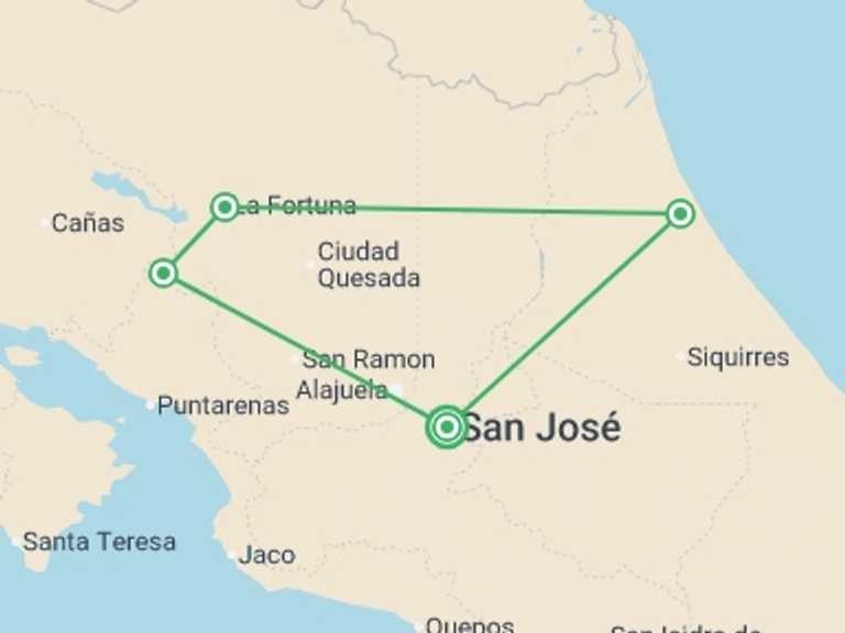 Map of 8-Day Costa Rica Tour with 5 destination visits for the trip: Natural Highlights of Costa Rica
