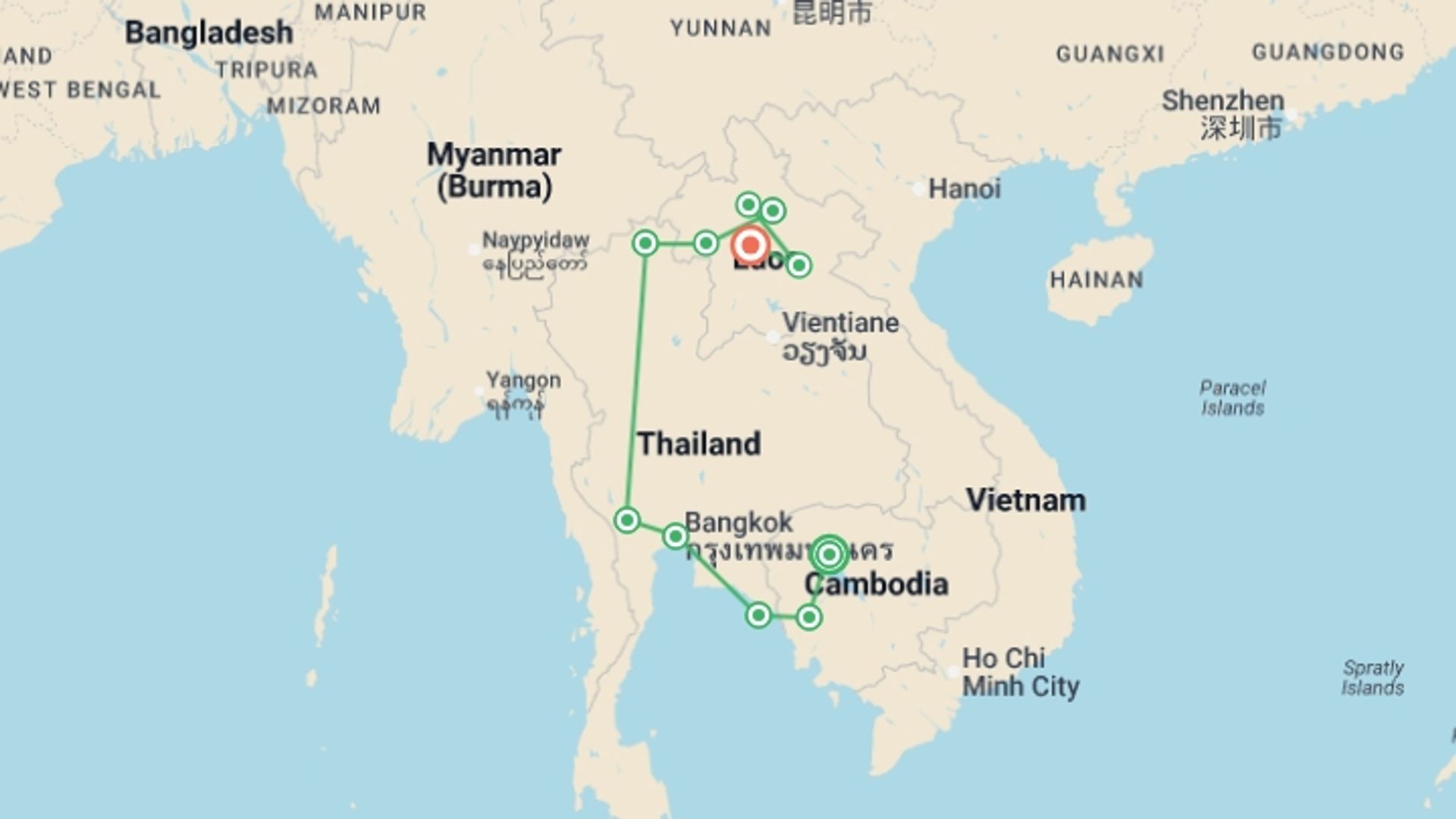 A map showing the tour itinerary for the trip: Southeast Asia: Bangkok, Laos & The Cardamom Mountains, starting in Siem Reap, Cambodia and ending in Luang Prabang, Laos going through 9 other destinations.