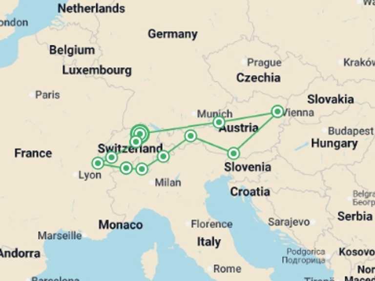 Map of Europe Tour with 9 destination visits for the trip: Switzerland and Austria