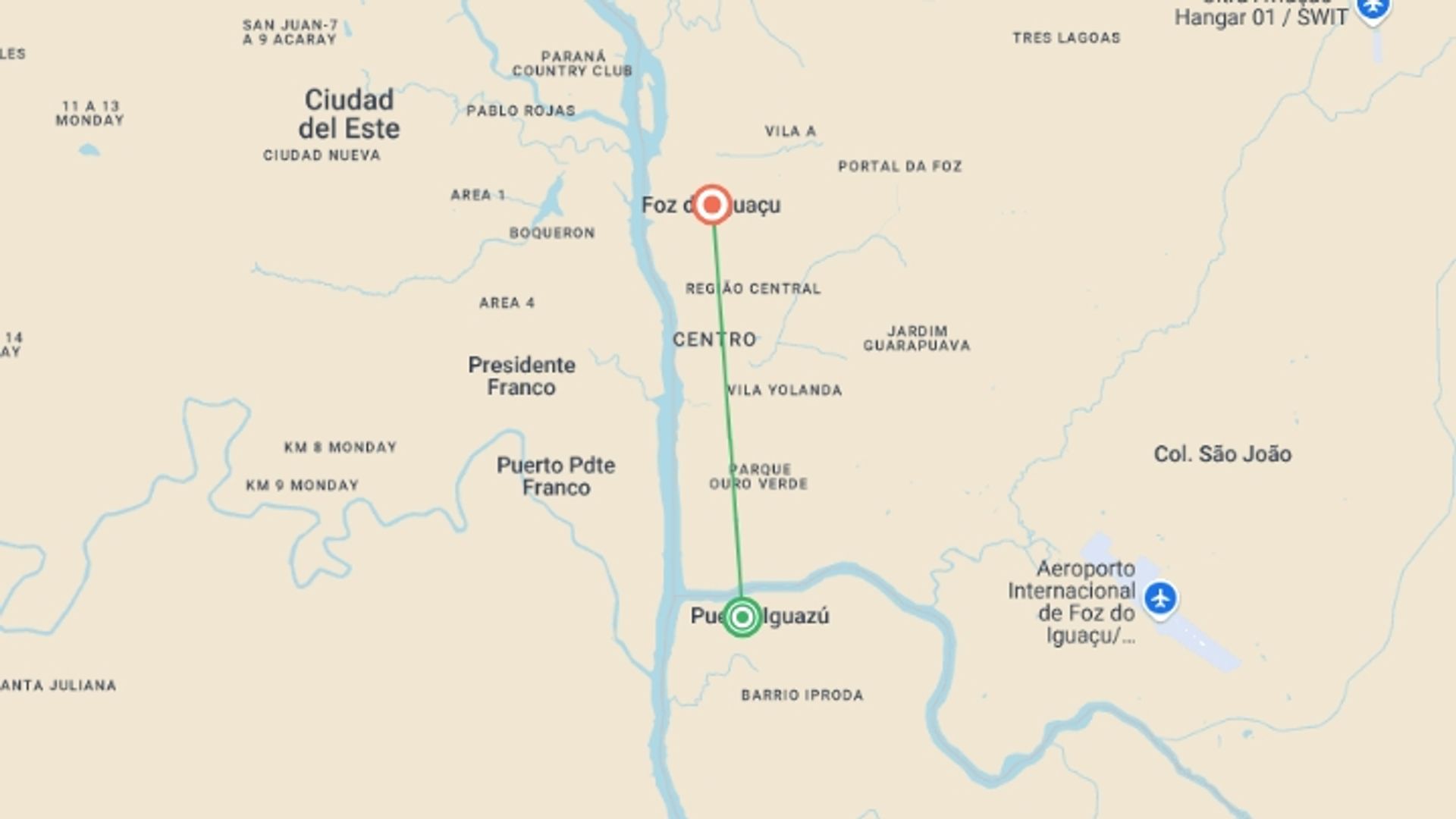 A map showing the tour itinerary for the trip: Iguazu Falls Adventure 4D/3N (Puerto to Foz), starting in Puerto Iguazu, Argentina and ending in Foz Do Iguacu, Brazil going through 0 other destinations.