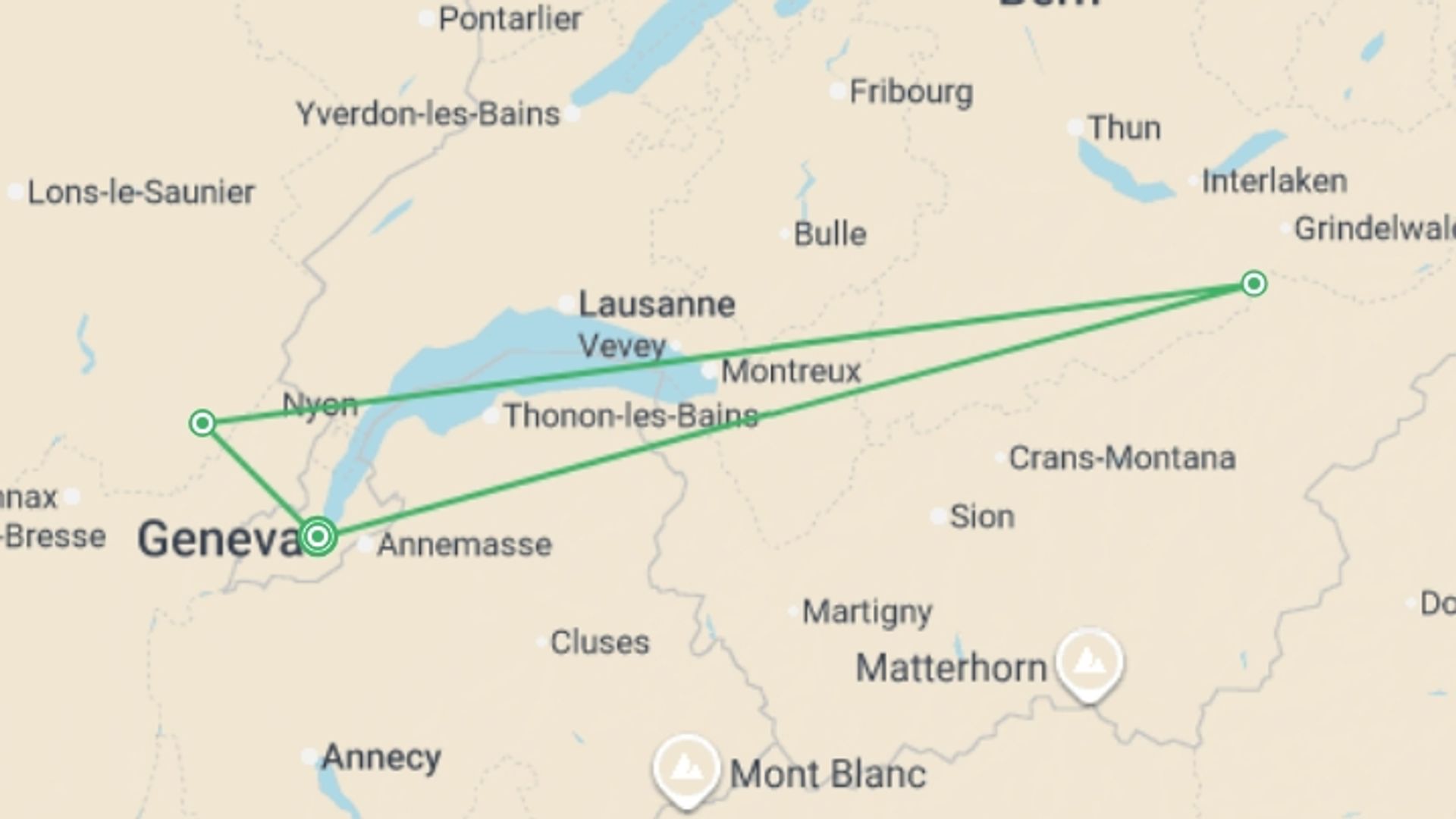 A map showing the tour itinerary for the trip: Switzerland in a Nutshell Small Group Tour, starting in Geneva, Switzerland and ending in Geneva, Switzerland going through 3 other destinations.