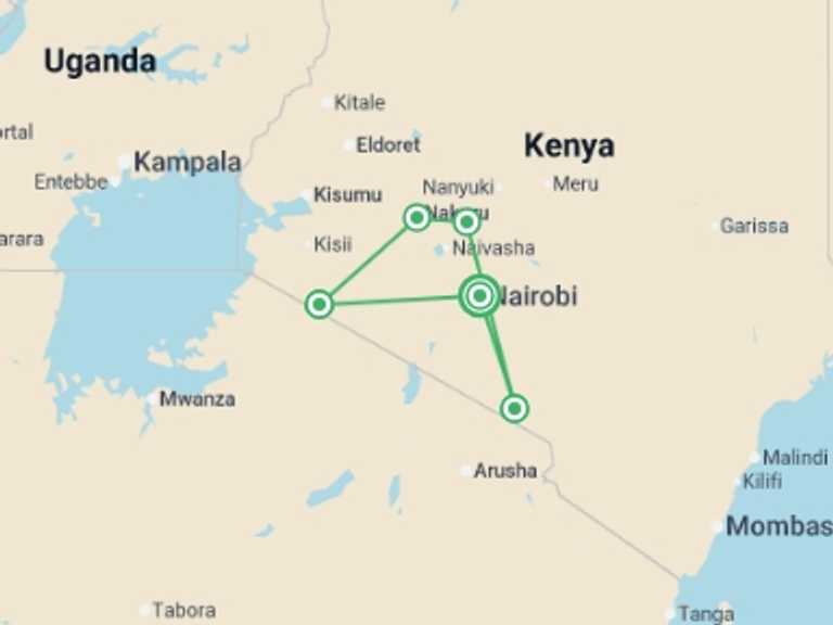 Map of Kenya Tour with 5 destination visits for the trip: Big Game Safari 8D/7N (Masai Mara, Lake Nakuru, Aberdare & Amboseli)