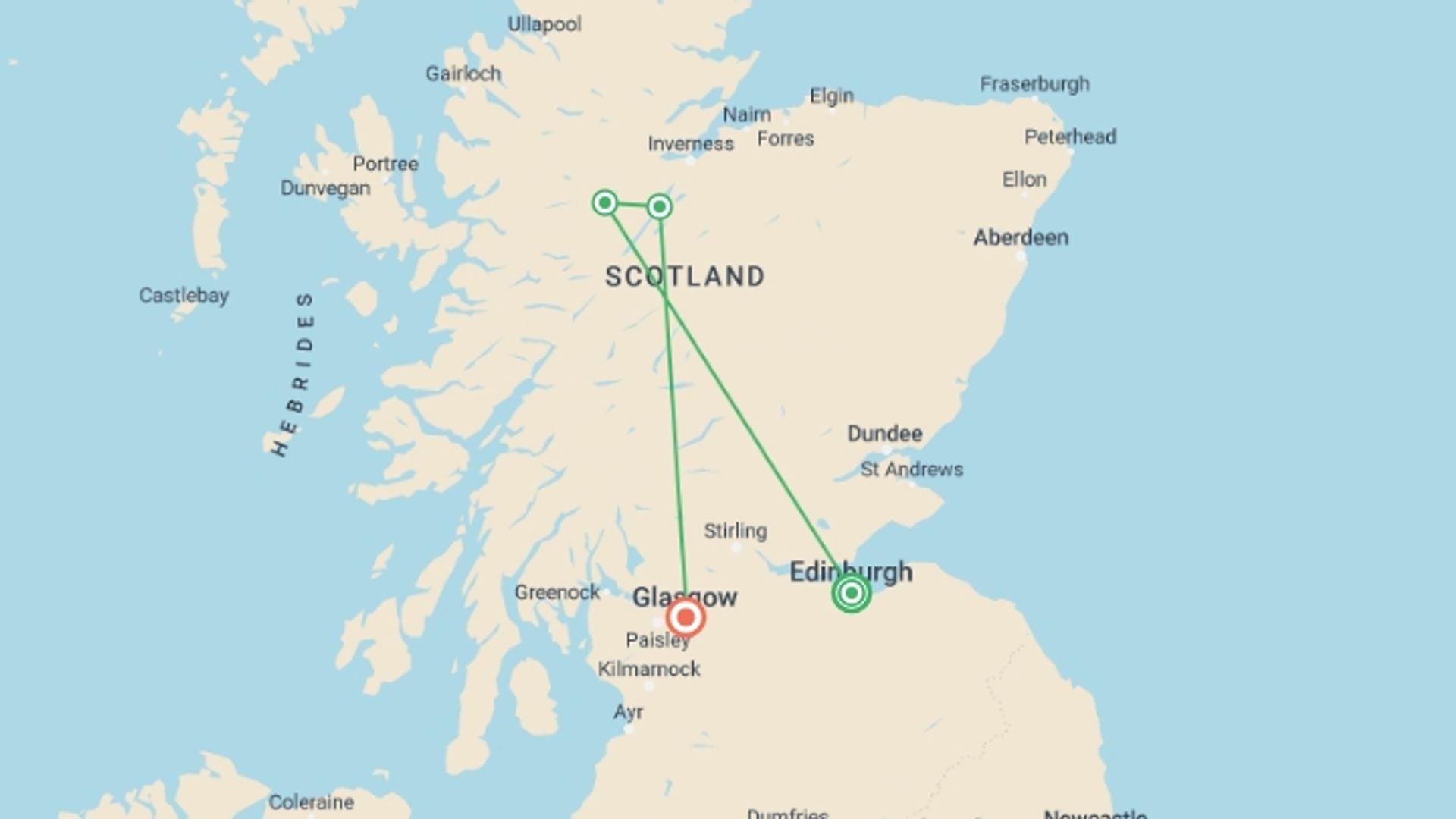 A map showing the tour itinerary for the trip: Scotland in a Week Reunion 35 to 45, starting in Edinburgh, Scotland and ending in Glasgow, Scotland going through 1 other destinations.