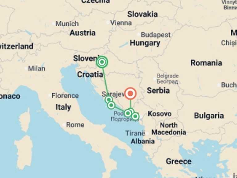 Map of Trebinje Explorer Tour with 7 destination visits for the trip: Journeys: Discover the Balkan Coast