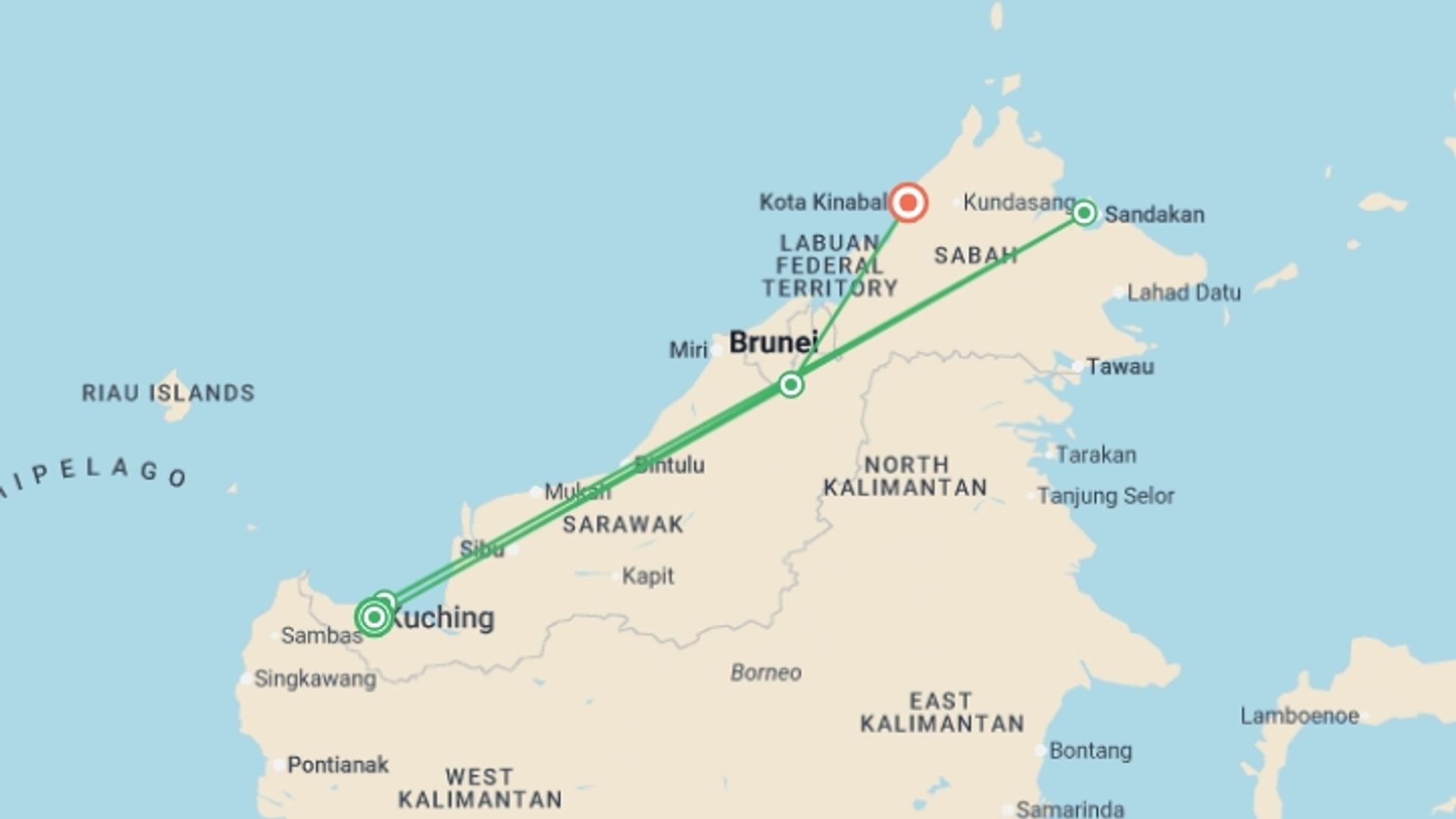 A map showing the tour itinerary for the trip: Borneo Sarawak Highlights, starting in Kuching, Malaysia and ending in Kota Kinabalu, Malaysia going through 3 other destinations.