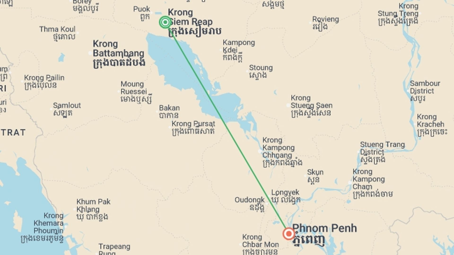 A map showing the tour itinerary for the trip: Angkor Wat Adventure 5D/4N (Siem Reap to Phnom Penh), starting in Siem Reap, Cambodia and ending in Phnom Penh, Cambodia going through 0 other destinations.
