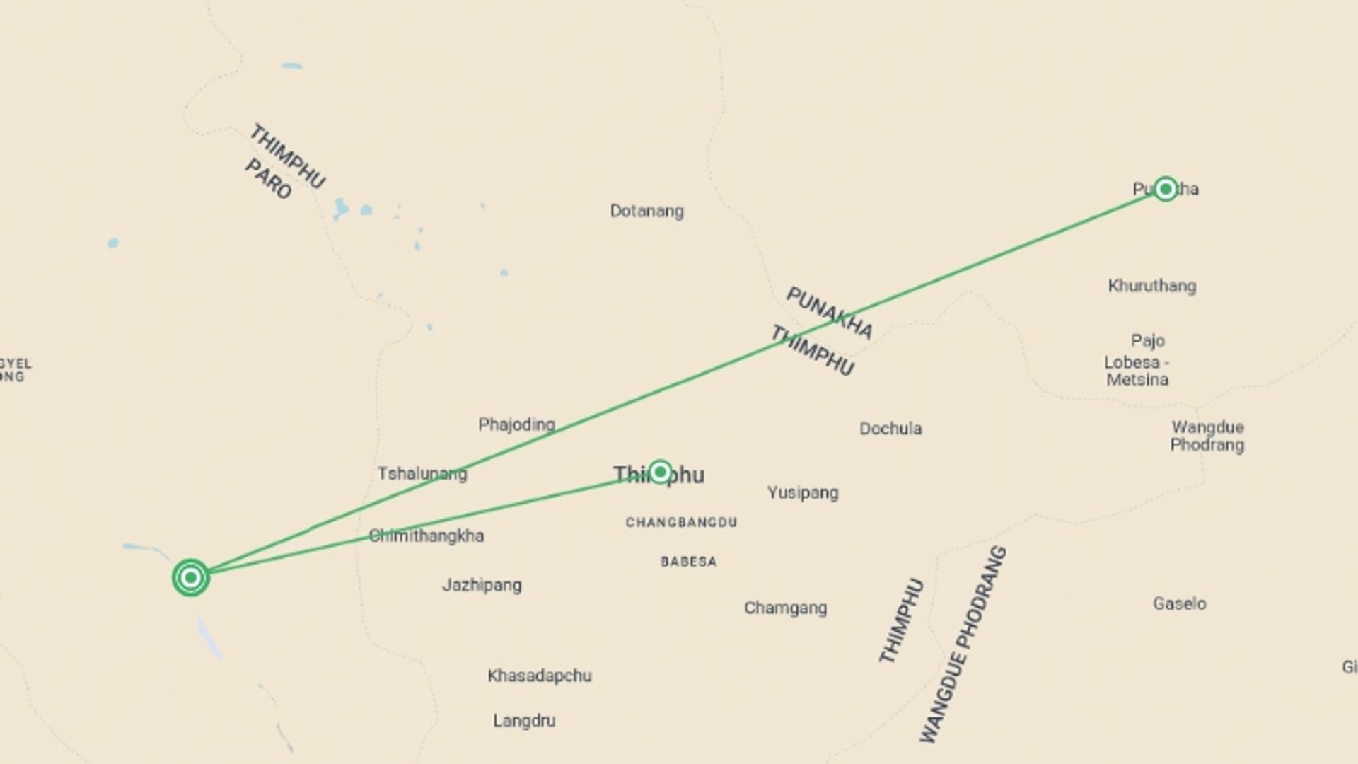 A map showing the tour itinerary for the trip: Bhutan Happiness Kingdom 7D/6N, starting in Paro, Bhutan and ending in Paro, Bhutan going through 2 other destinations.