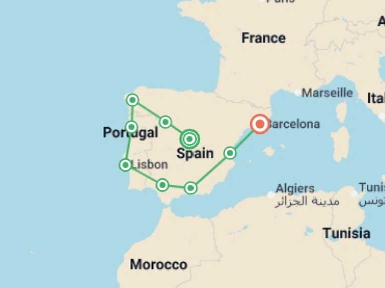 Map of Lisbon Cultural, religious and historic sites Tour with 9 destination visits for the trip: Treasures of Spain and Portugal