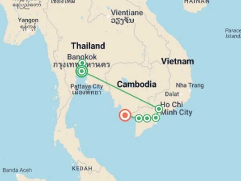 Map of a Beach Tour with 8 destination visits for the trip: Thailand to Vietnam 10 Days