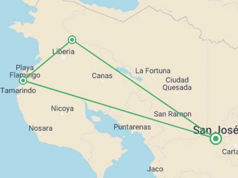 Map of San Jose Explorer Tour with 3 destination visits for the trip: Costa Rica: Rio Celeste & Rincon de la Vieja