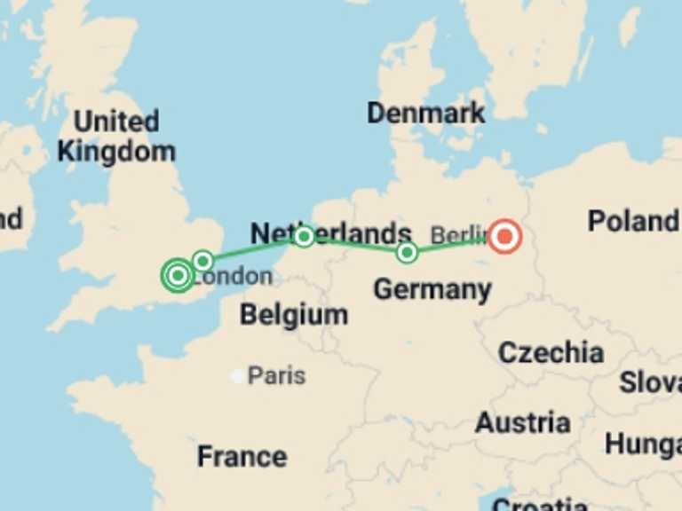 Map itinerary of London Tour in Winter with 5 destination visits for the trip: Northern Route end Berlin