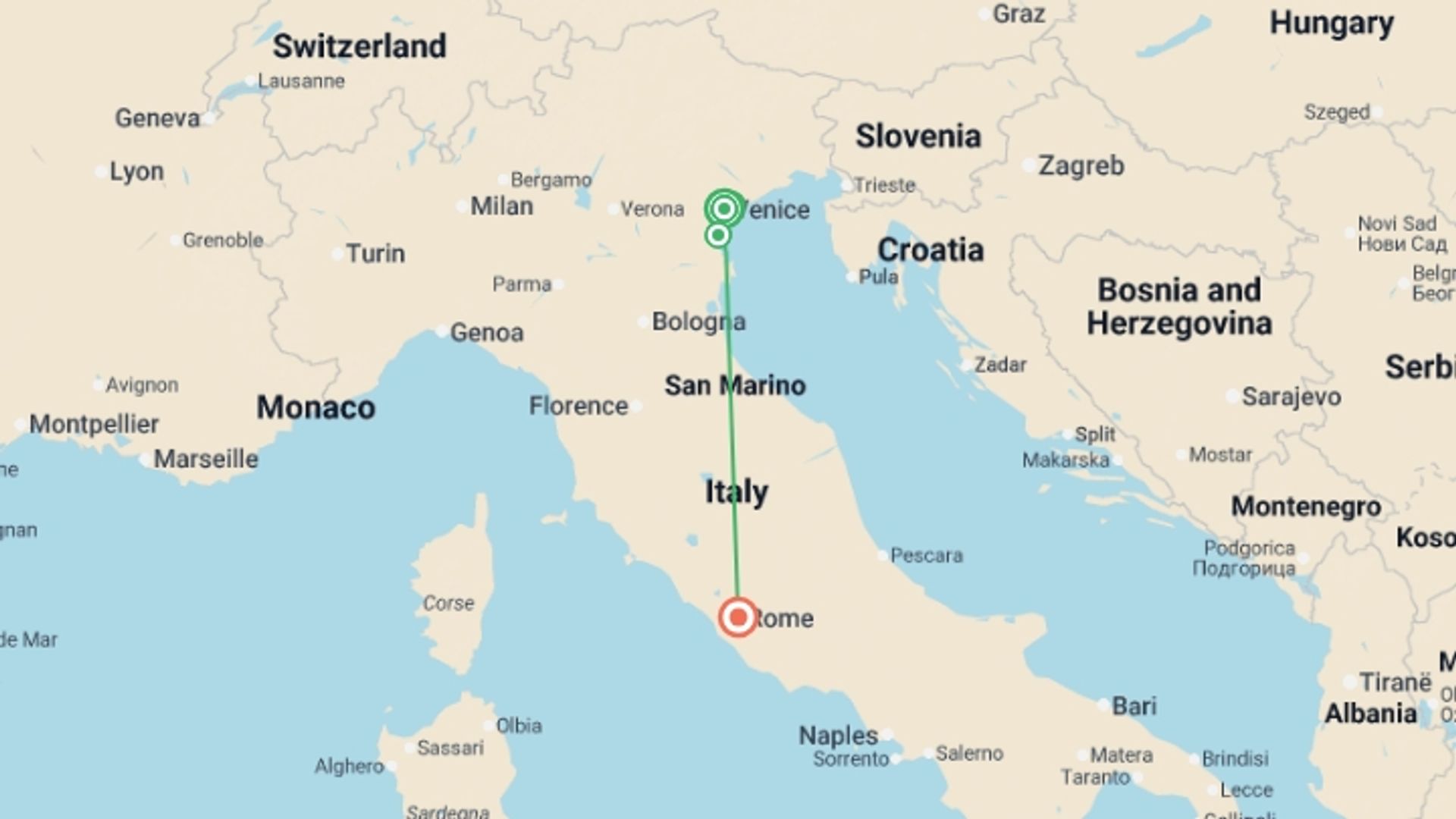 A map showing the tour itinerary for the trip: Rome, Venice & the Jewels of Veneto (2026), starting in Venice, Italy and ending in Rome, Italy going through 2 other destinations.