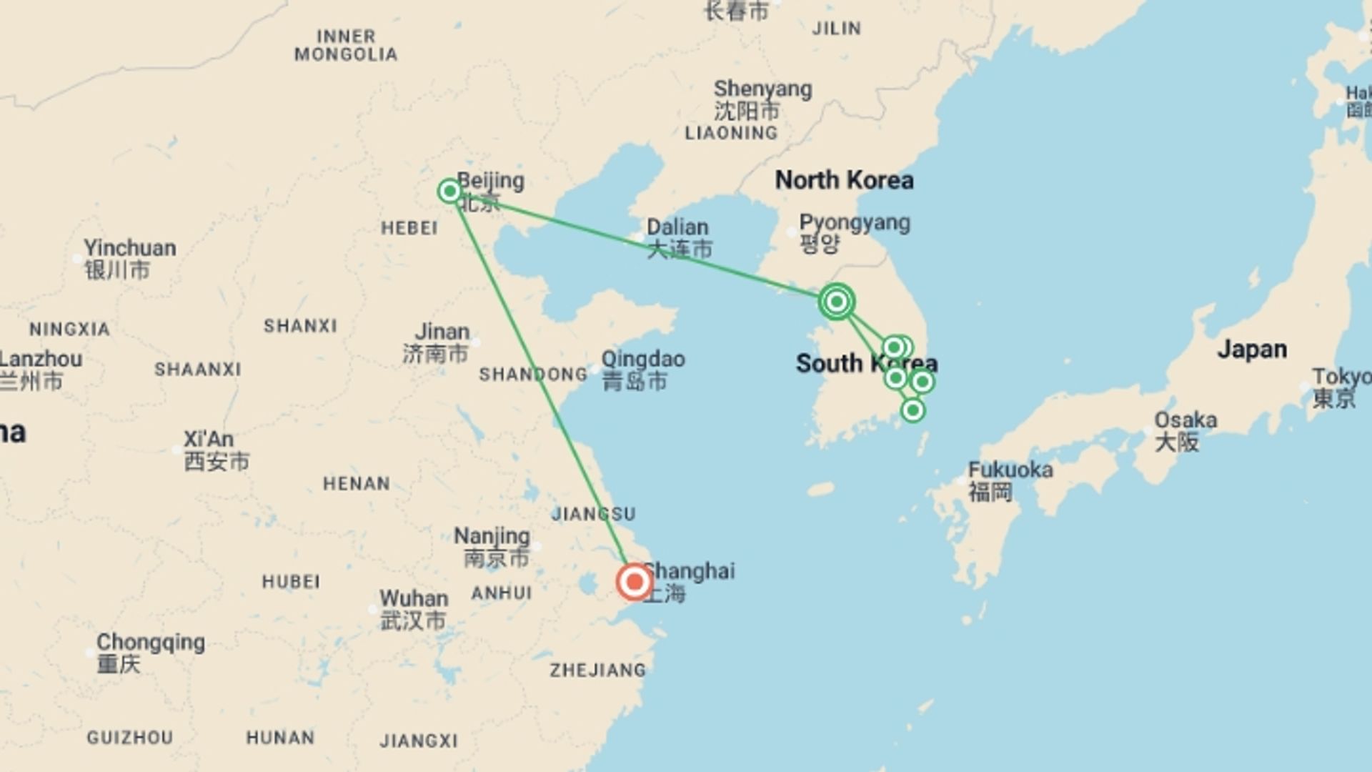A map showing the tour itinerary for the trip: Korea, Beijing, and Shanghai, starting in Seoul, South Korea and ending in Shanghai, China going through 4 other destinations.