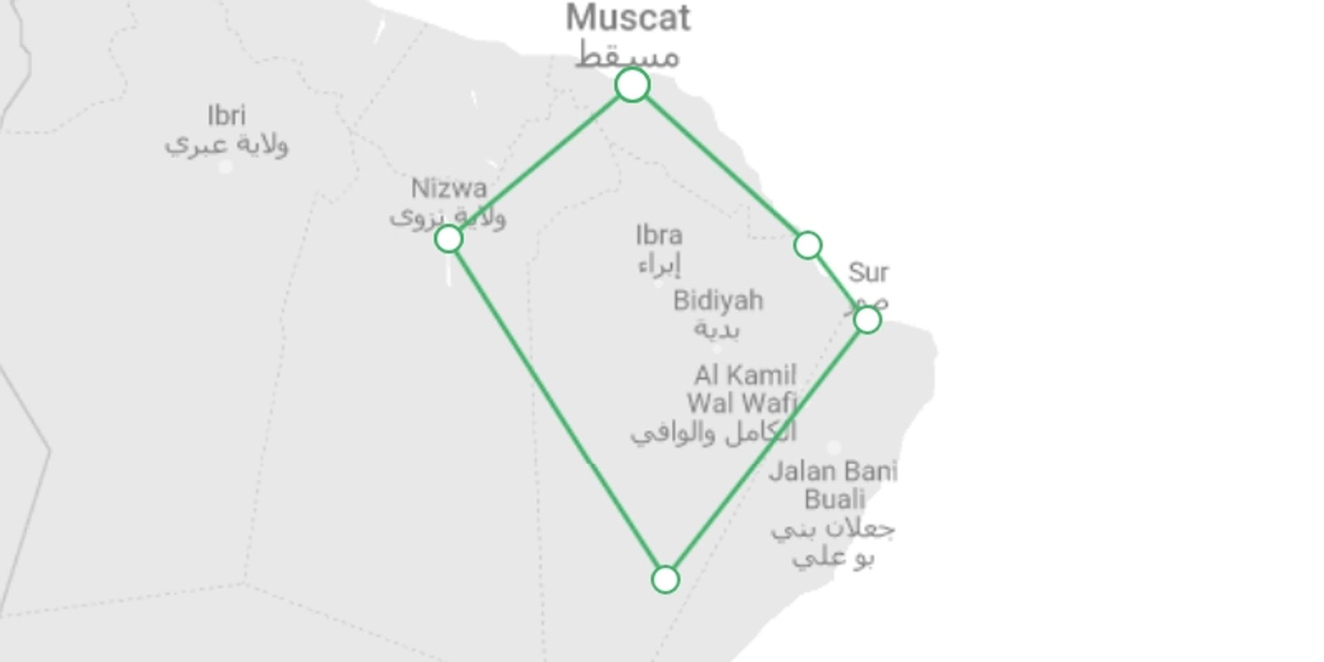 A map showing the tour itinerary for the trip: Mountains, Deserts and Coast of Oman, starting in Muscat, Oman and ending in Muscat, Oman going through 3 other destinations.