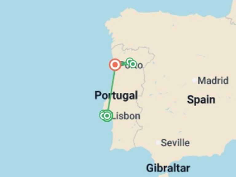 Map itinerary of Portugal Tour in June 2026 with 2 destination visits for the trip: Lisbon to Porto Discovery - 7 days 