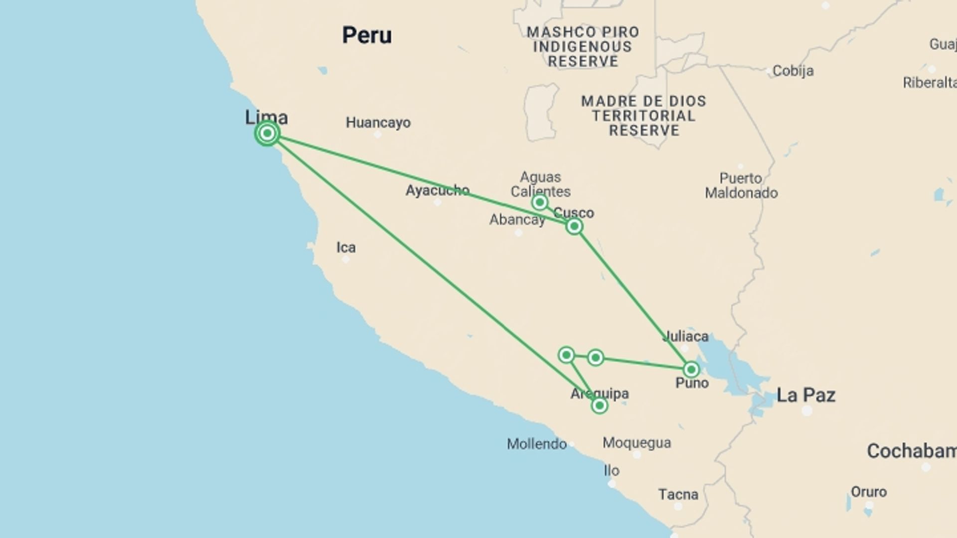 A map showing the tour itinerary for the trip: Best of the Andes, starting in Lima, Peru and ending in Lima, Peru going through 6 other destinations.