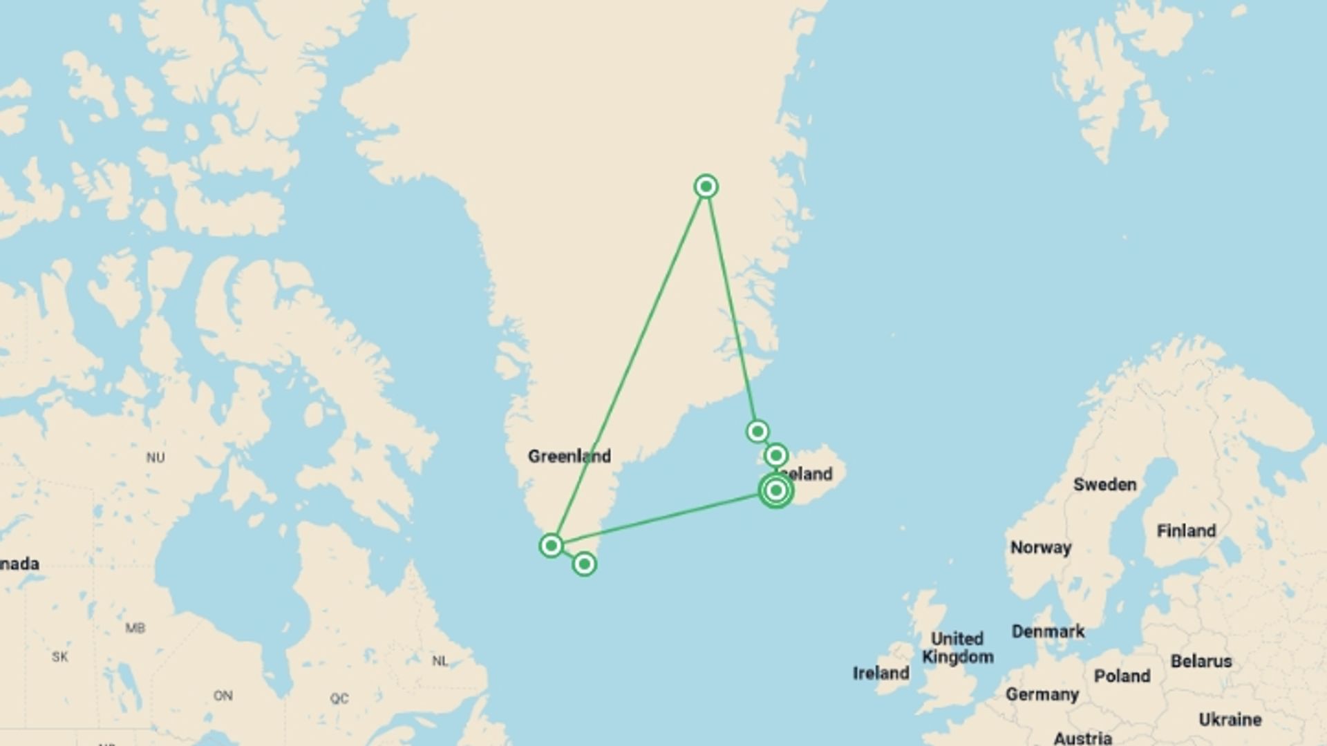 A map showing the tour itinerary for the trip: Iceland to Greenland: Total Solar Eclipse in Depth (Ocean Explorer), starting in Reykjavik, Iceland and ending in Reykjavik, Iceland going through 6 other destinations.