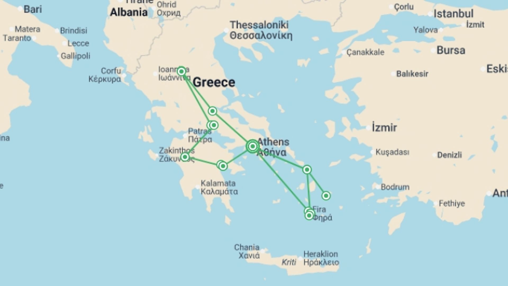 A map showing the tour itinerary for the trip: Exploring Greece and Its Islands featuring Classical Greece, Mykonos & Santorini, starting in Athens, Greece and ending in Athens, Greece going through 8 other destinations.