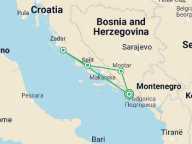 Map of 8-Day Split Tour with 4 destination visits for the trip: Discover Croatia And Bosnia, Self-drive (multi Country)