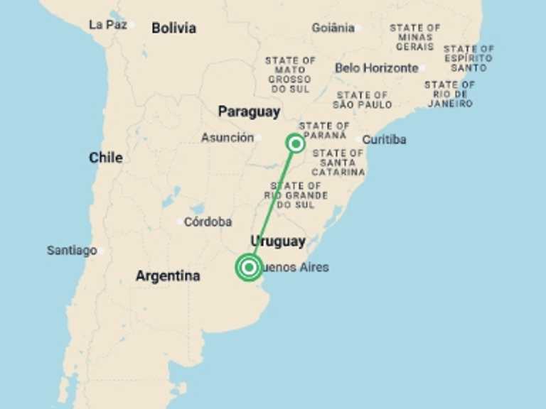 Map itinerary of South America Tour in September 2026 with 3 destination visits for the trip: Buenos Aires & Iguazu Falls - SMART Adventure