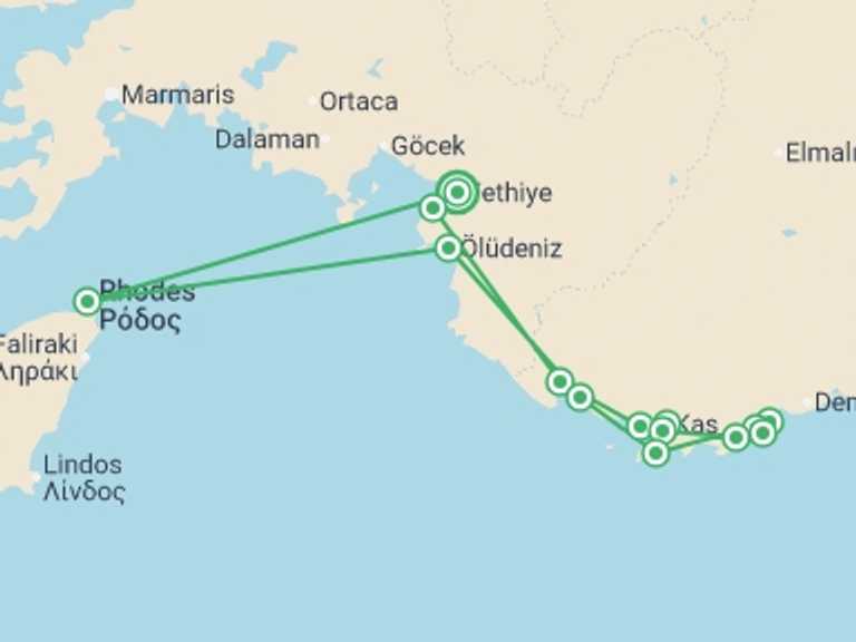 Map itinerary of Europe Tour in October 2026 with 7 destination visits for the trip: Turkey Sailing Adventure - 7 days